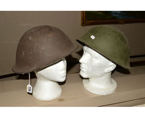 TWO EXAMPLES OF BRITISH ARMY MKIV STEEL HELMETS, as used in the 50's/60's etc, both have liners but both side chin straps are
