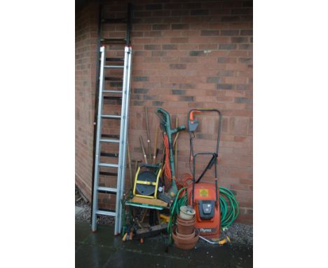 A SET OF ALUMINIUM EXTENSION LADDERS AND WOODEN LADDERS, together with various garden hand tools, terracotta pots, Black and 
