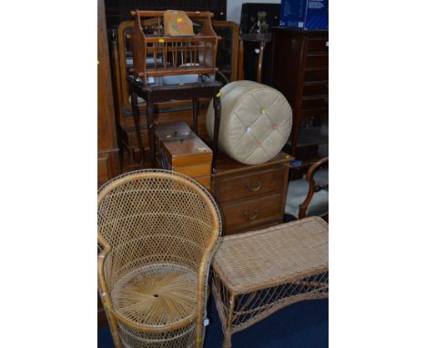 A WICKER PEACOCK CHAIR, together with a wicker coffee table, leatherette pouffe, sewing box, etc (7)