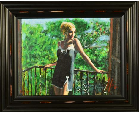 FABIAN PEREZ (ARGENTINIAN 1967) 'SALLY IN THE SUN' a limited edition print of a lady on a balcony 33/95, signed bottom right,