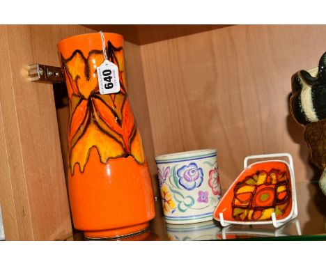 THREE PIECES OF POOLE POTTERY ITEMS, comprising Dephis vase, height 22.5cm and a similar pin dish and a preserve pot, impress