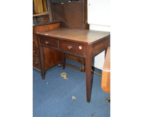 A GEORGIAN OAK SIDE TABLE with tapered legs and two frieze drawers, 85cm x 50cm x 71cm high