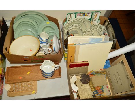 THREE BOXES AND LOOSE CERAMICS AND EPHEMERA etc, to include Royal Doulton 'Earthflower' table wares, Wedgwood 'Celadon', T G 