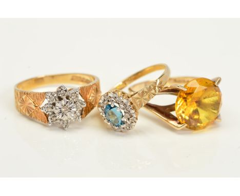 THREE 9CT GOLD GEM RINGS, the first set with a circular citrine, the second a single cut diamond cluster within illusion sett