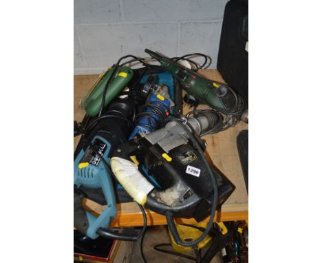 A MCKELLER MCKM14 SDS HAMMER DRILL together with a Erbauer 1100W reciprocating saw, Draper angle grinder, Bosch jigsaw and Bo