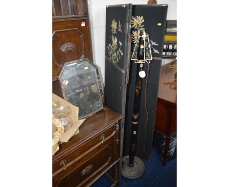 AN ORIENTAL BLACK GROUND STANDARD LAMP together with a similar wall mirror and a three fold screen (3)