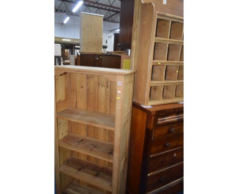 A VICTORIAN PINE OPEN BOOKCASE, width 80cm x depth 33cm x height 164cm, together with a pine twenty hole shoe rack incorporat