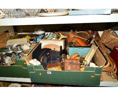 FOUR BOXES AND LOOSE including cameras, dressing table sets, carpet beater, tennis racquets and press, two baskets, Roberts p