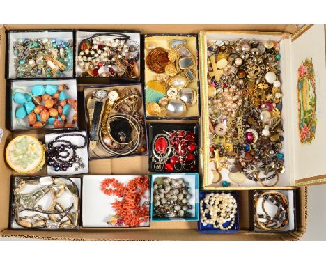 A BOX OF MAINLY COSTUME JEWELLERY, to include a shell necklace, a branch coral necklace, two cultured pearl necklaces, costum