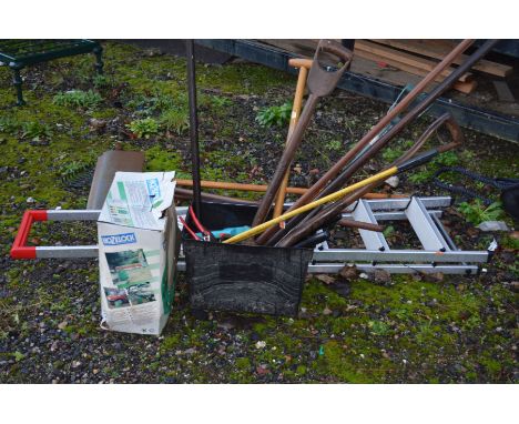 A SET OF ALUMINIUM STEP LADDERS, together with various garden hand tools and a Hozelock garden hose (10+)