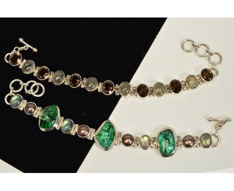TWO GEM SET BRACELETS, the first designed as a line of collet set circular smokey quartz interspaced by rutile quartz cabocho