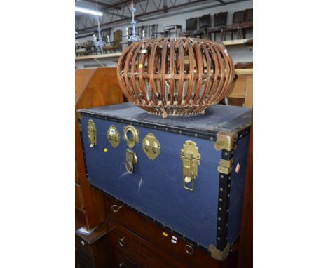 A VINTAGE BLUE GROUND TRAVELLING TRUNK together with a Franco Albini style lobster pot stool (sd) (2)
