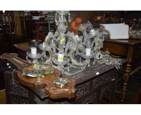 A PAIR OF WROUGHT IRON TRIPLE BRANCH CEILING LIGHTS, together with two glass ceiling lights, a modern oak barometer and anoth