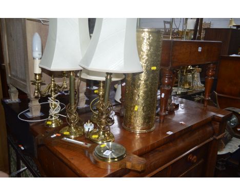 A PAIR OF MODERN BRASS TABLE LAMPS, two other table lamps, brass umbrella stand an oak barometer (6)