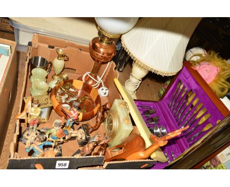ONE BOX OF SUNDRIES AND LOOSE, including canteen of Viners 'Executive Suite' cutlery, a converted copper oil lamp having glas