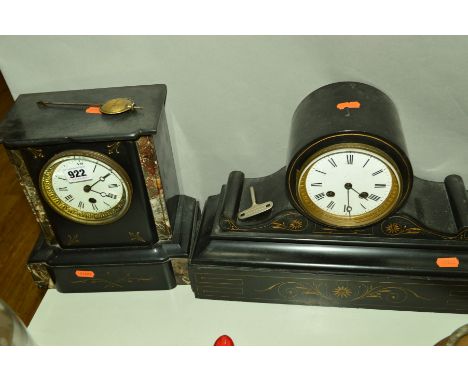 A SLATE MANTEL CLOCK, having incised and gilt scroll decoration, enamelled dial having Roman numerals, bevelled glass, 40cm w