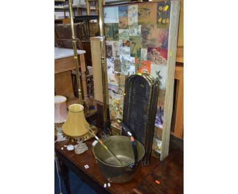 TWO BRASS STANDARD LAMPS, a pair of white onyx table lamps, a large brass jam pan, a four fold floor standing screen, a foldi