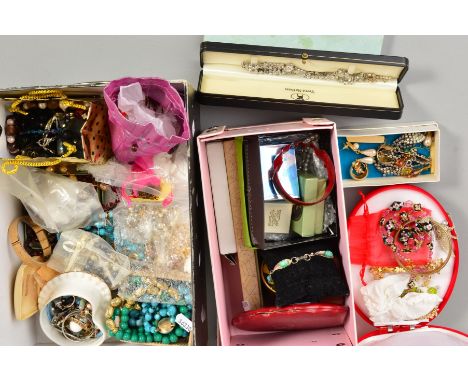 TWO SMALL BOXES OF COSTUME JEWELLERY, to include a Laurana enamel bangle, further bangles, various necklaces, brooches, earri