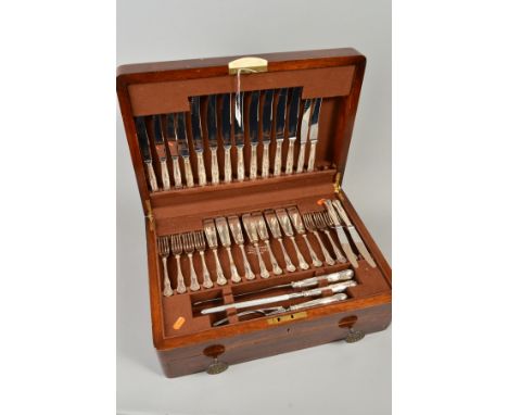A WALNUT CANTEEN OF JAMES RYALS SILVER PLATED KINGS PATTERN CUTLERY, fitted with a drawer compartment, for eight settings, in