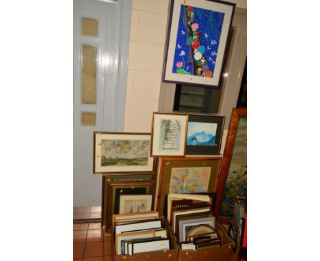 PAINTINGS AND PRINTS ETC, to include a modern oriental decorative watercolour, framed approximate size 52cm x 38cm, still lif