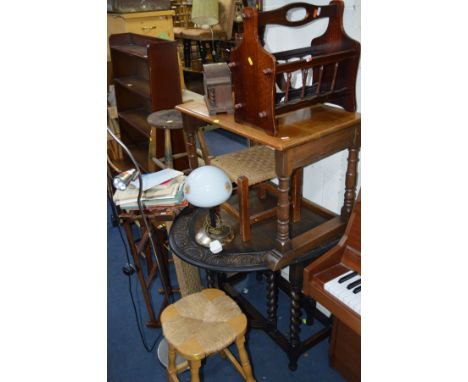 A QUANTITY OF OCCASIONAL FURNITURE to include an oak drop leaf table, oak occasional table, rush seated chair, oak mantel clo