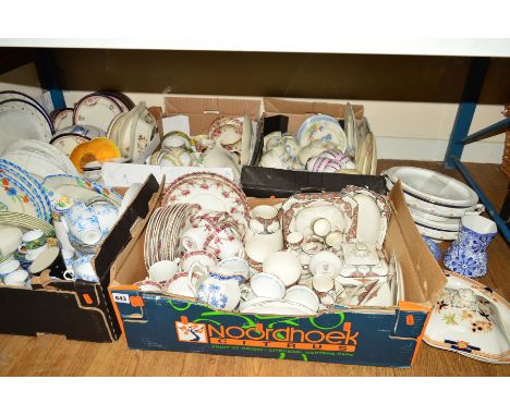 FIVE BOXES AND LOOSE CERAMICS including Alfred Meakin 'Harmony Spring' shape plates, Crown Ducal 'Orange Tree' breakfast ware