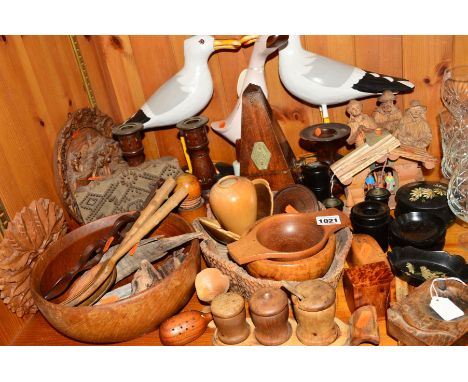 A GROUP OF TREEN ITEMS, including a Lizard man ashtray, metronome, fruitwood ink bottle holder with ink bottle and stopper, p