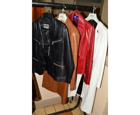 FOUR LEATHER COATS AND JACKETS, a black leather Aviatrix jacket, having feature zipper pockets, and button fastening, a Elma 