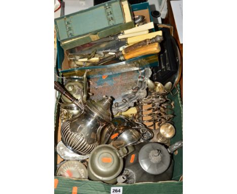 A BOX OF SILVER PLATE AND PEWTER, etc, to include a toast and egg cruet, a salver sauce boats, percolator on stand, etc