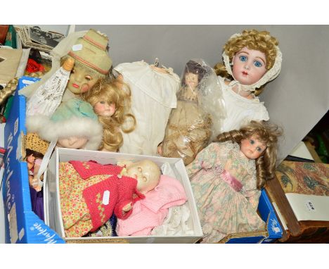 A BOX CONTAINING DOLLS, three being composite, four having ceramic heads, one having no head, some in need of restoration