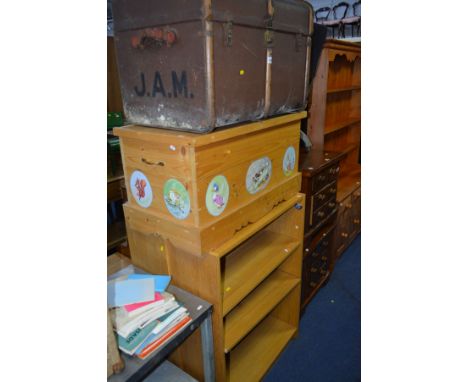 A VINTAGE DOMED TRAVELLING TRUNK, together with a pine toy box (s.d.) and two light oak finish open bookcases (4)