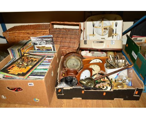 THREE BOXES AND LOOSE SUNDRY ITEMS, to include a collection of games workshop magazines, with two wicker picnic baskets (no c