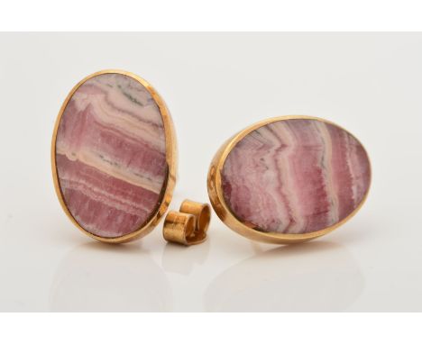 A LATE 20TH CENTURY 9CT GOLD PAIR OF RHODOCHROSITE OVAL STUD EARRINGS, measuring approximately 17mm x 12.7mm, rub over set, p