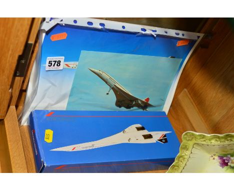 A BOXED WOOSTER PLASTIC CONCORDE MODEL, 1/250 scale, British Airways livery, complete with stand, with a quantity of Concorde