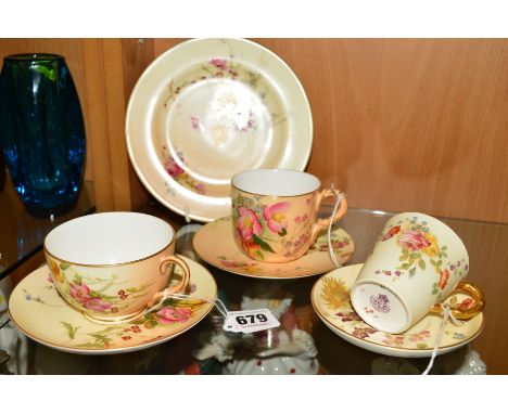 A COLLECTION OF ROYAL WORCESTER BLUSH IVORY CUPS, SAUCERS AND A TEA PLATE, printed and painted with floral sprays, date cyphe