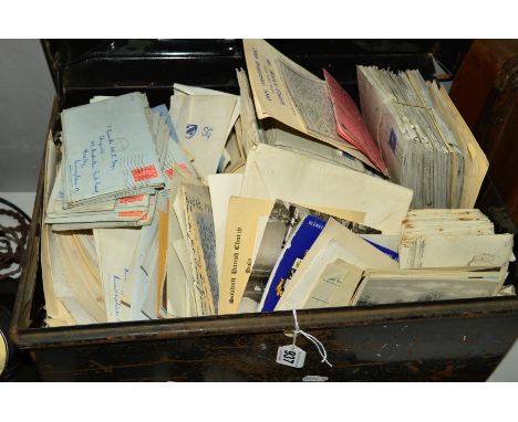A TIN TRUNK CONTAINING LETTERS, post cards, ration book, wedding invitations etc, dating from 1940's