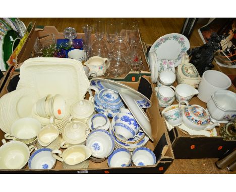 THREE BOXES OF CERAMICS AND GLASSWARE, including Wedgwood 'Patrician' teawares, Cauldon tea wares etc, a ceramic owl table la