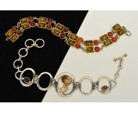 TWO GEM SET BRACELETS, the first designed as graduated open oval panels collet set with four smokey quartz cabochons, with a 