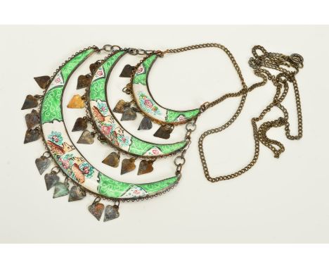 A CONTINENTAL ENAMEL NECKLACE, designed as three graduated crescent shape panels with green and white floral and animal ename