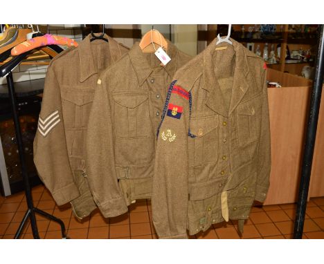 THREE  ITEMS OF WWII/POST ERA BRITISH ARMY UNIFORM ITEMS as follows (a, b &amp; c) Battledress short smock jackets and trouse