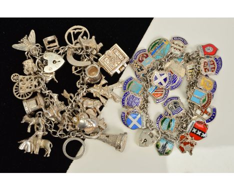 TWO SILVER CHARM BRACELETS, to include a curb link charm bracelet fully set with enamel town shields, the other charm bracele