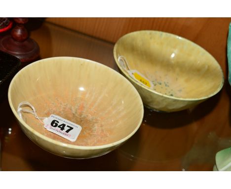 TWO RUSKIN POTTERY BOWLS, the first being a yellow and green crystalline example with impressed backstamps, height approximat