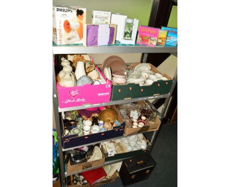 SEVEN BOXES AND LOOSE OF CERAMICS, GLASS, SUNDRIES etc including heat pads, boxed CD'S, Poole tea wares, glassware, Wedgwood,