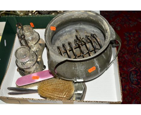 A BOX OF SILVER PLATE, SILVER AND PEWTER, including a three piece pink enamel dressing table set, Birmingham 1928, an English