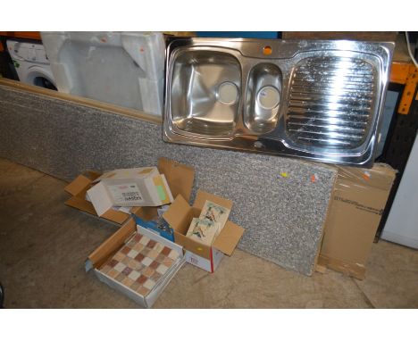 TWO GREY MARBLE EFFECT KITCHEN WORKTOPS, length 306cm x depth 61cm,a white Standard and Merlin ceramic shower basin together 