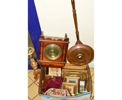 ONE BOX AND LOOSE PICTURES AND SUNDRIES etc, including wall clock, having brass dial and Roman numerals, pendulum and weight,