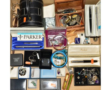 A BOX OF JEWELLERY, PENS, WATCHES ETC, to include silver and white metal jewellery, a modern Arts and Crafts style reproducti