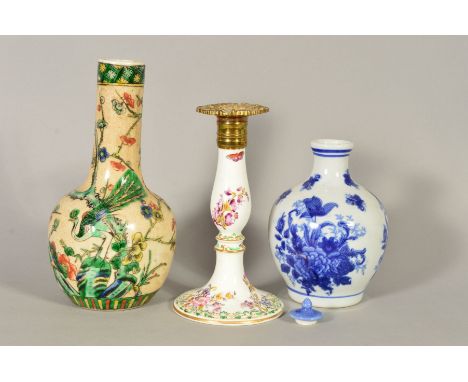 A 19TH CENTURY CHINESE VASE, decorated with Peacocks and foliage, height 26cm (cracked neck), together with a blue and white 