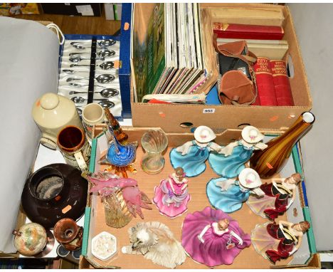 TWO BOXES AND LOOSE CERAMICS, GLASS, SUNDRIES etc,, including pink Murano love birds on a branch, (chipped wing) another Mura