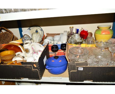 FIVE BOXES AND LOOSE OF CERAMICS AND GLASSWARE, including Soray Image 70 coffee set, Myott Intone part dinner service, Le Cre